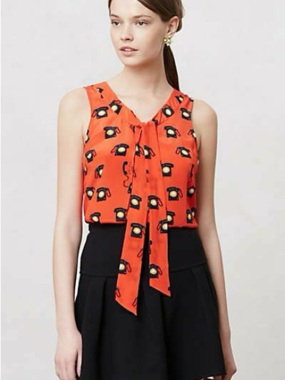 Maeve Anthropologie 100% Silk Red Rotary Telephone Print Tie Neck Blouse Top 0